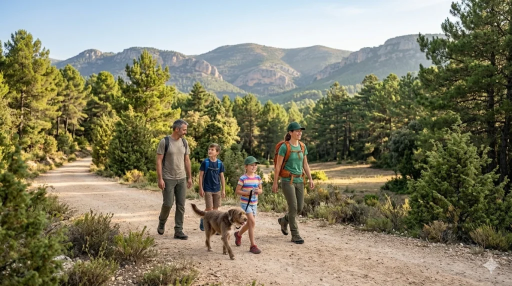 Imagen de familia con mascota hacienda ruta senderista