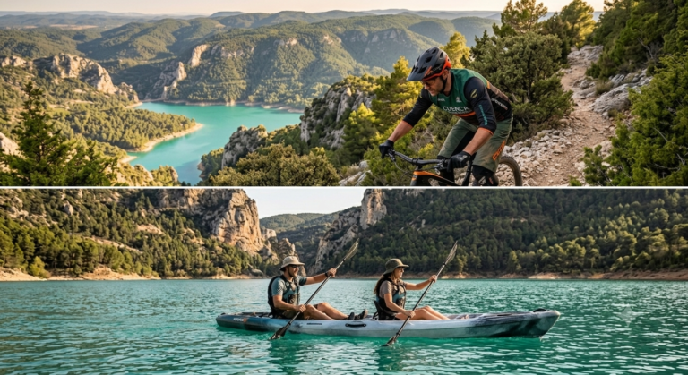 Imagen de un ciclista y de kayak- pack de promociones enduro y kayak