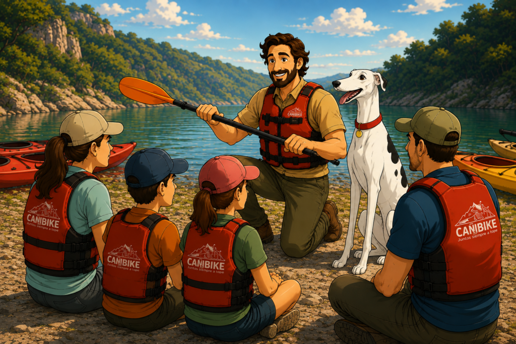 Qué es un kayak- Grupo de personas en tipo animado con Juanma y Odi con personas en los kayak