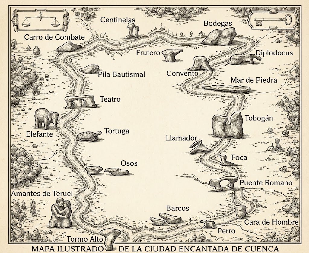 Mapa del recorrido para visitar la Ciudad Encantada de Cuenca