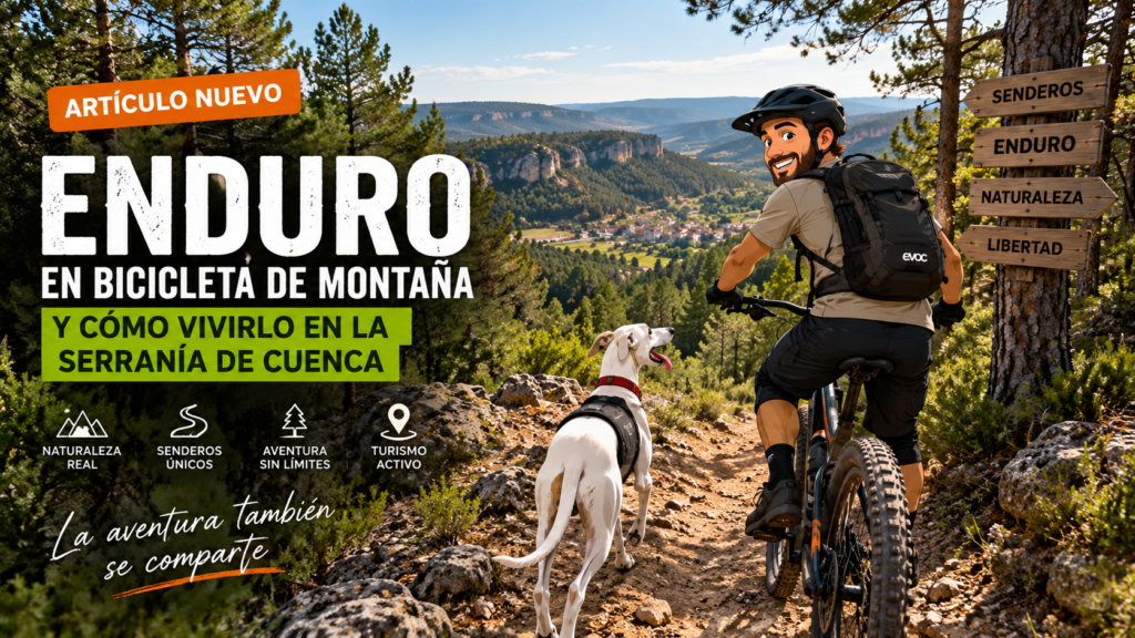 Ciclista practicando enduro en bicicleta de montaña en la Serranía de Cuenca con perro