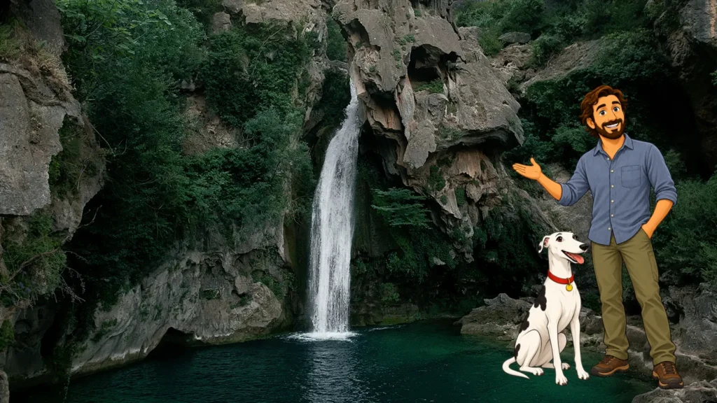Juanma y Odi junto a una cascada en la Serranía de Cuenca