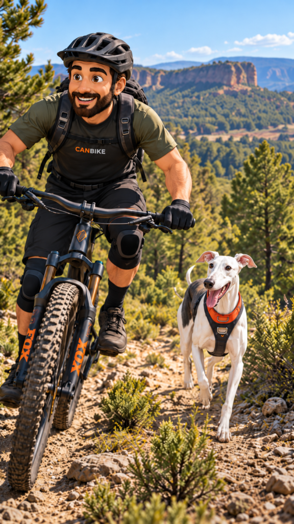 Ciclista practicando enduro MTB en la Serranía de Cuenca acompañado de un perro