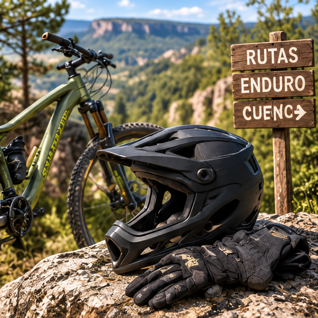 Equipo de protección para practicar enduro MTB en la Serranía de Cuenca con casco, guantes y bicicleta