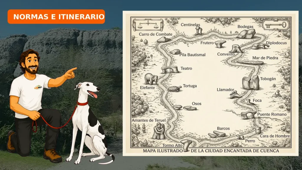 Juanma muestra el itinerario con Odi atado en la Ciudad Encantada de Cuenca