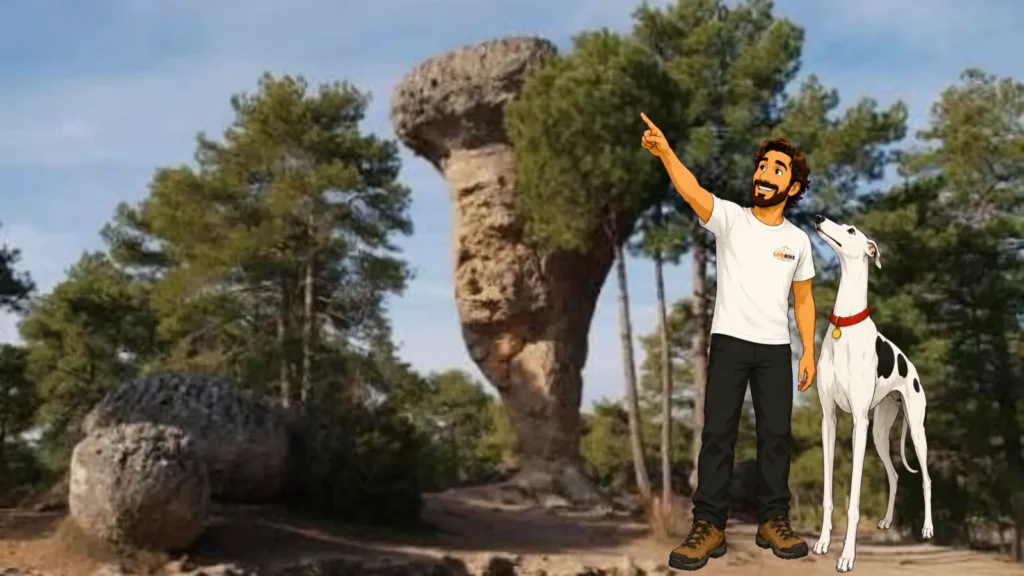 Juanma y Odi caminando hacia una formación rocosa de la Ciudad Encantada de Cuenca