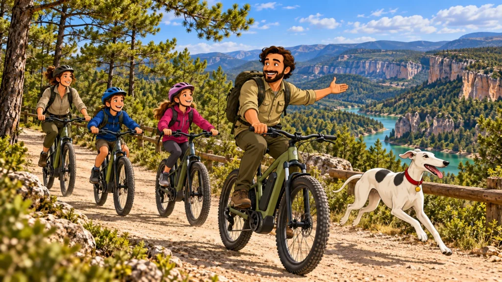 Planes en familia por la Serranía de Cuenca realizando una ruta en e-bike con niños y perro