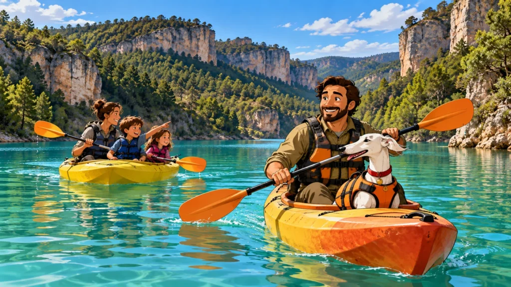 Planes en familia por la Serranía de Cuenca disfrutando de una ruta en kayak con niños y perro