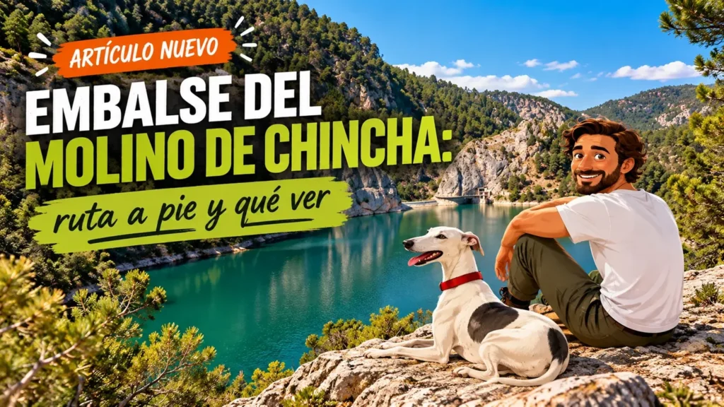 Ilustración de Juanma y su galgo Odi sentados sobre una roca frente al Embalse del Molino de Chincha