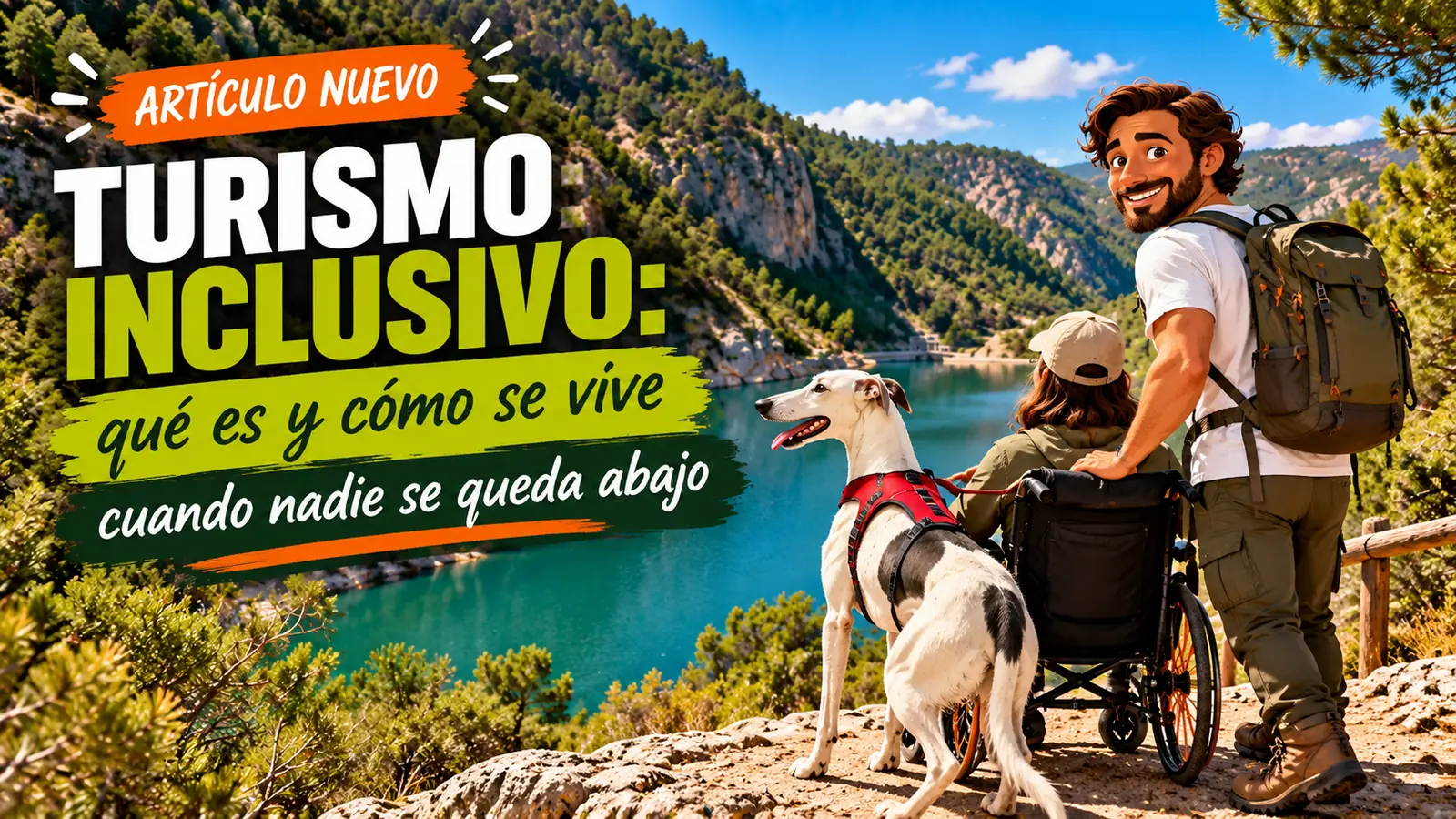 Ilustración de un guía y una persona en silla de ruedas con un perro frente a un embalse de aguas turquesa entre pinares